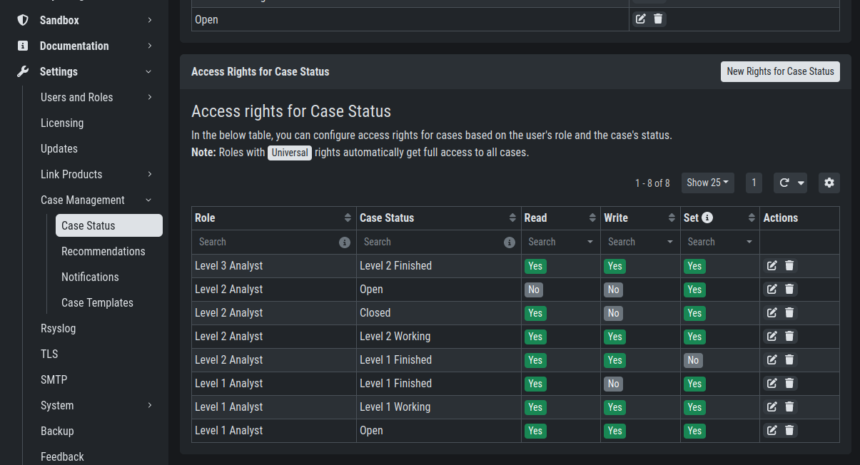 Settings - Access rights for Case Status